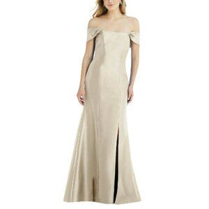 Alfred Sung Off-the-Shoulder Bow-Back Satin Trumpet Gown Champagne 16R
